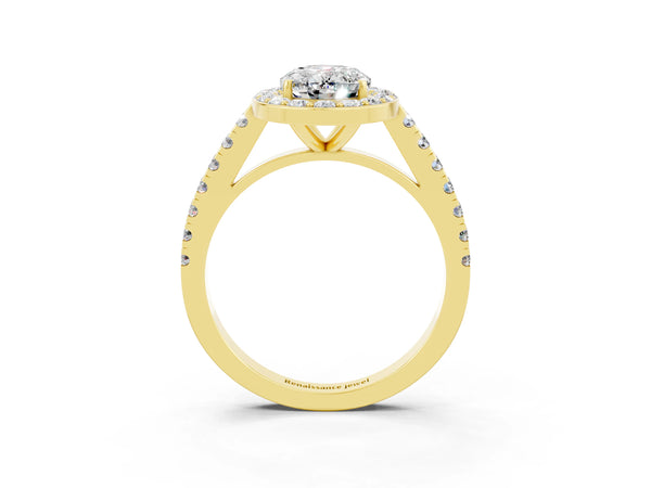 Yellow gold Oval Cut Moissanite Halo Ring with Round Pavé Split Shank and Prong Setting