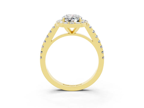 Yellow gold Oval Cut Halo Diamond Ring with Pavé Band and Three-Prong Setting_3