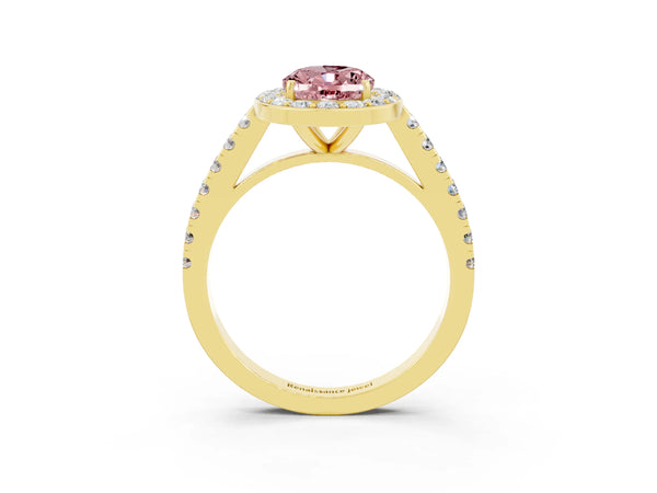 Yellow gold Oval Cut Halo Diamond Ring with Pavé Band and Three-Prong Setting