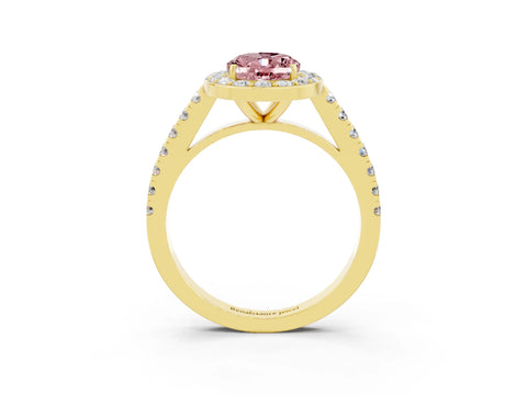 Yellow gold Oval Cut Halo Diamond Ring with Pavé Band and Three-Prong Setting_3