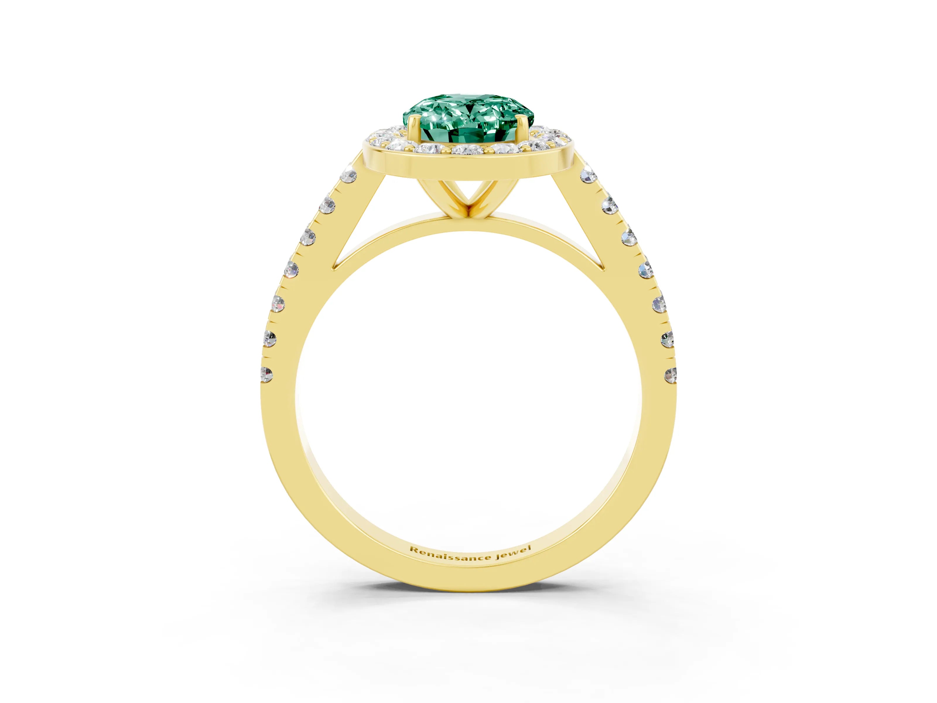 Yellow gold Oval Cut Halo Diamond Ring with Pavé Band and Three-Prong Setting_3