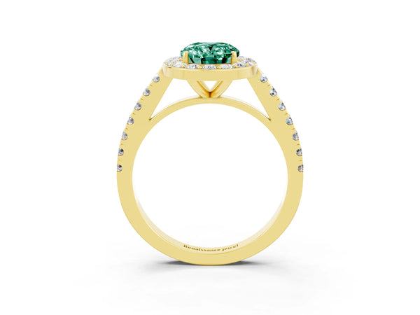 Yellow gold Oval Cut Green Sapphire Halo Ring with Round Pavé Split Shank and Prong Setting