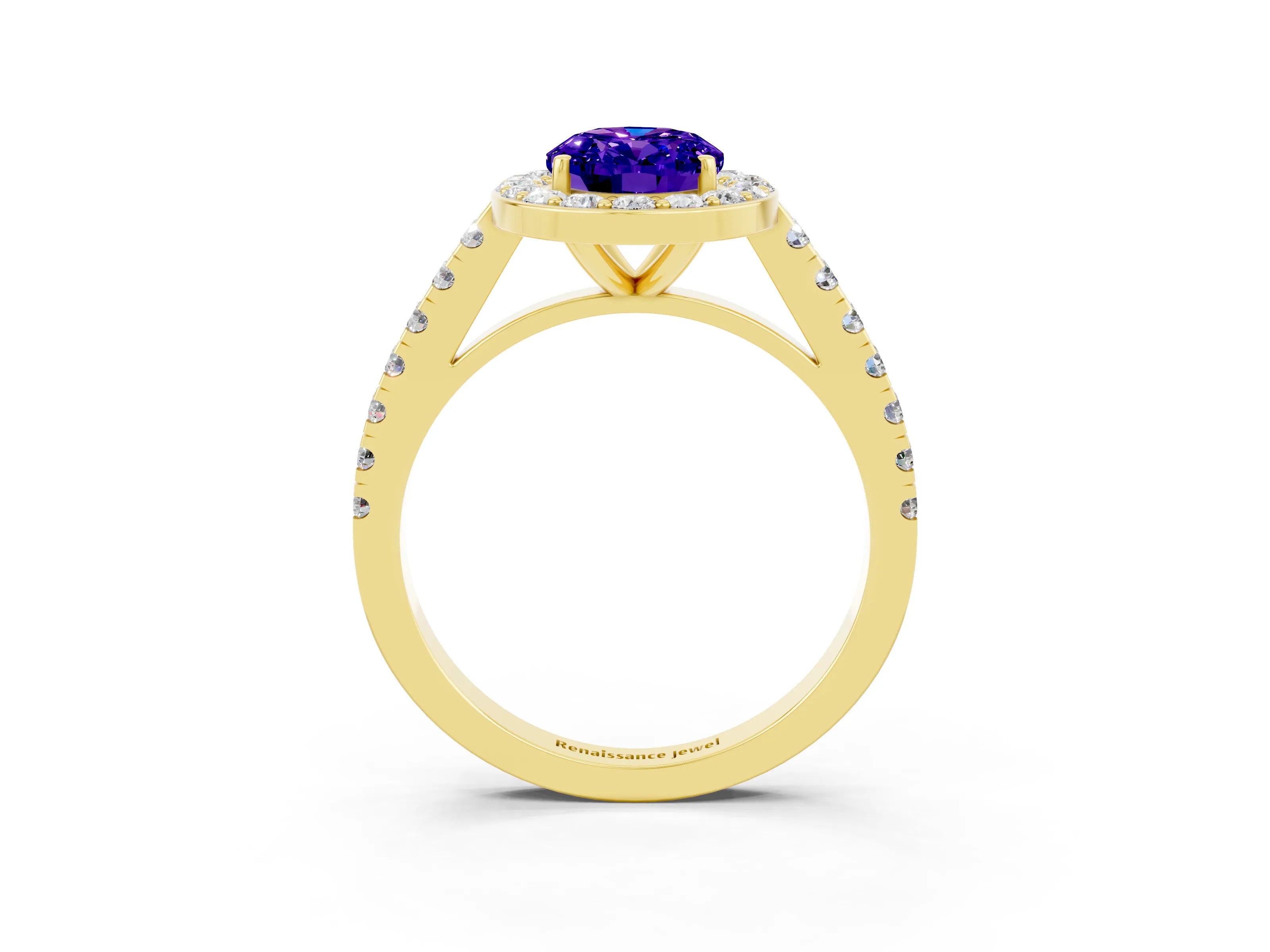 Yellow gold Oval Cut Halo Diamond Ring with Pavé Band and Three-Prong Setting_3