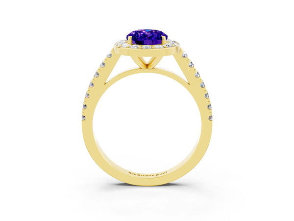 Yellow gold Oval Cut Tanzanite Halo Ring with Round Pavé Split Shank and Prong Setting