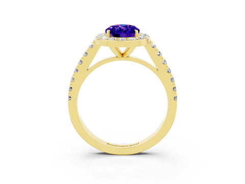 Yellow gold Oval Cut Halo Diamond Ring with Pavé Band and Three-Prong Setting_3