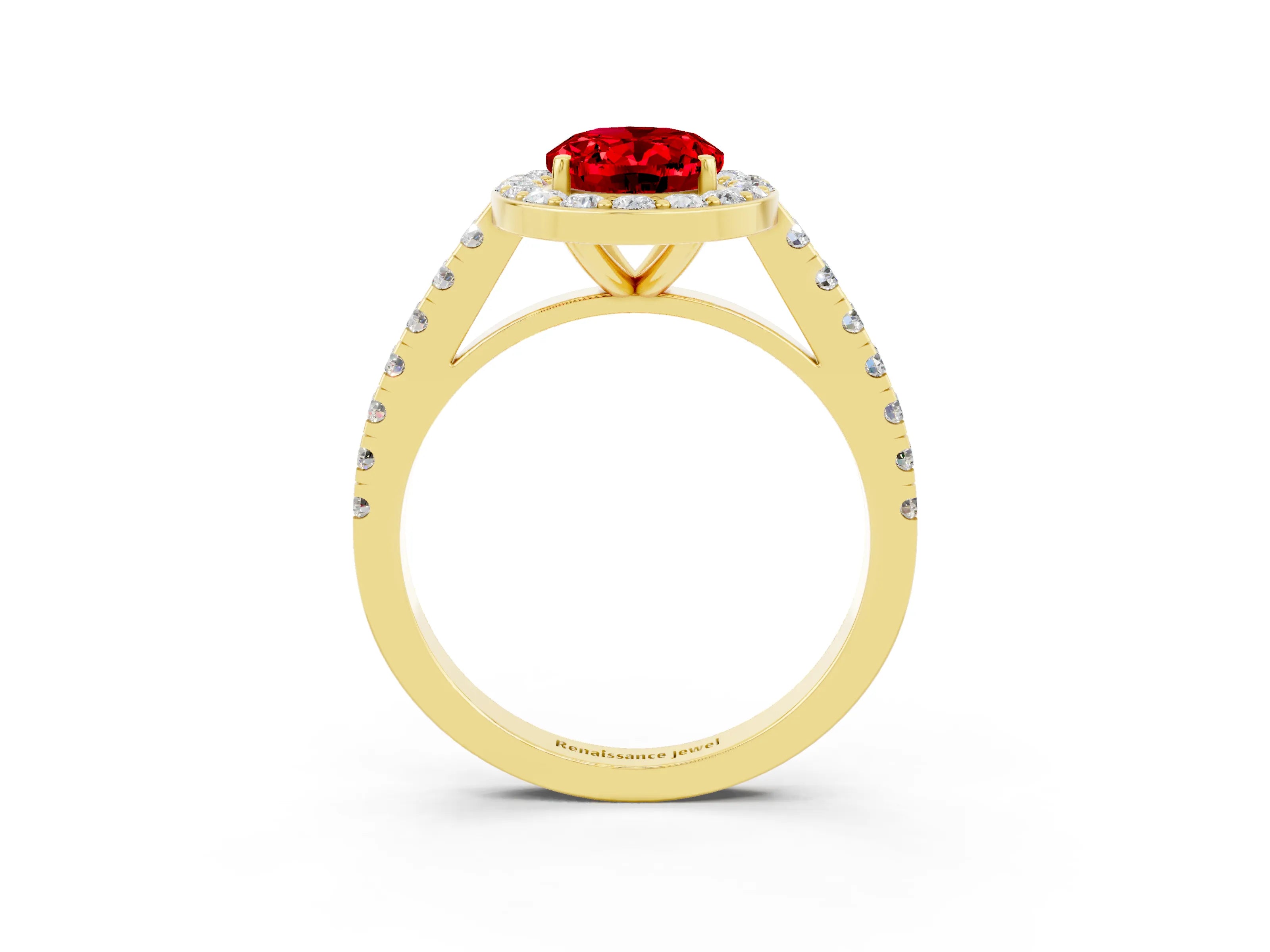 Yellow gold Oval Cut Halo Diamond Ring with Pavé Band and Three-Prong Setting_3
