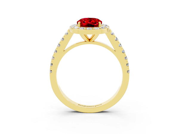 Yellow gold Oval Cut Ruby Halo Ring with Round Pavé Split Shank and Prong Setting