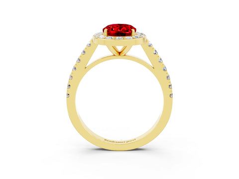 Yellow gold Oval Cut Halo Diamond Ring with Pavé Band and Three-Prong Setting_3