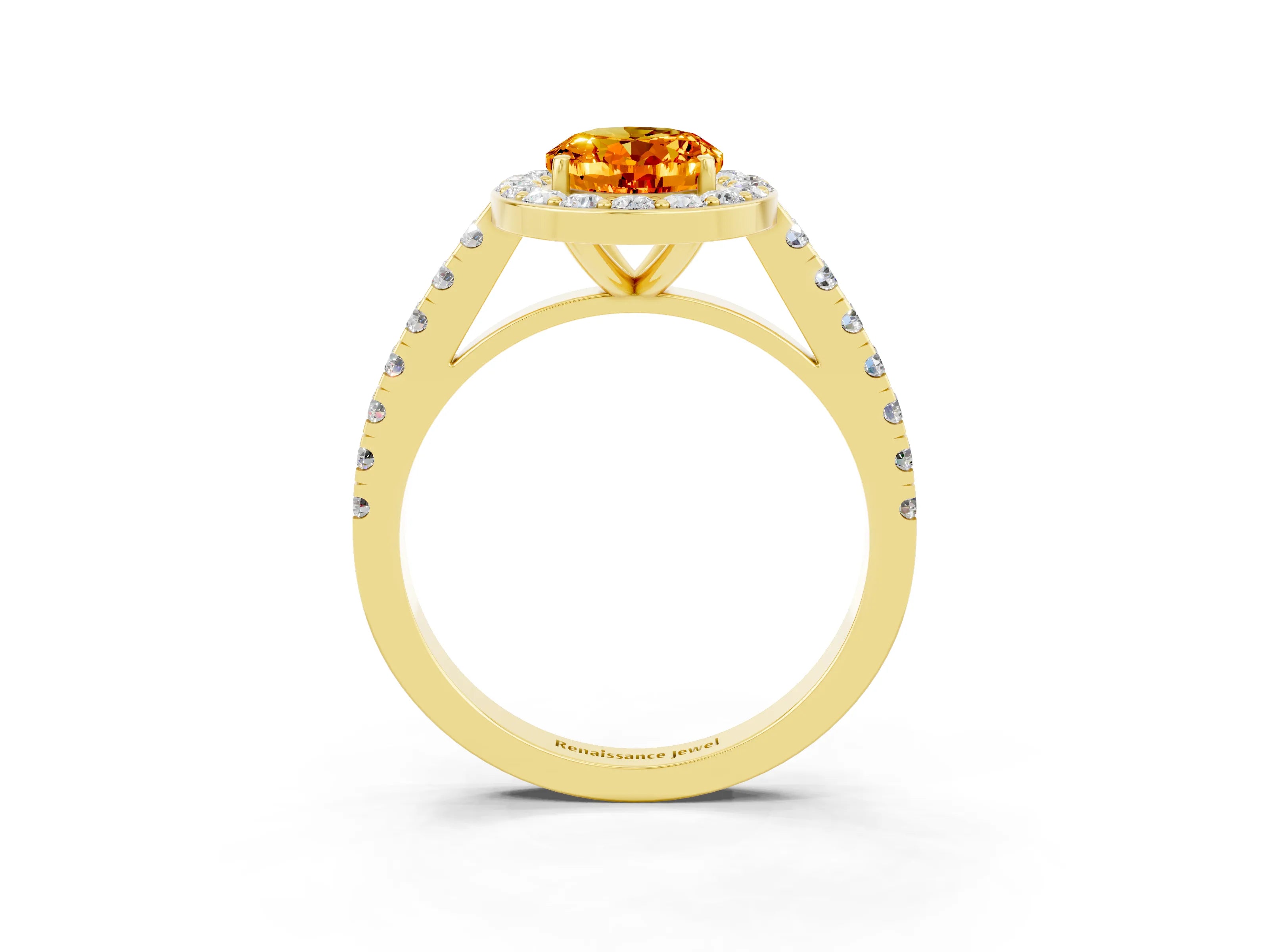 Yellow gold Oval Cut Halo Diamond Ring with Pavé Band and Three-Prong Setting_3