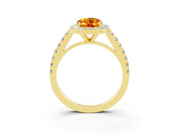 Yellow gold Oval Cut Citrine Halo Ring with Round Pavé Split Shank and Prong Setting