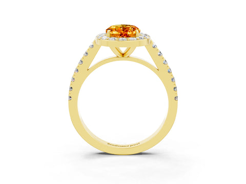 Yellow gold Oval Cut Halo Diamond Ring with Pavé Band and Three-Prong Setting_3