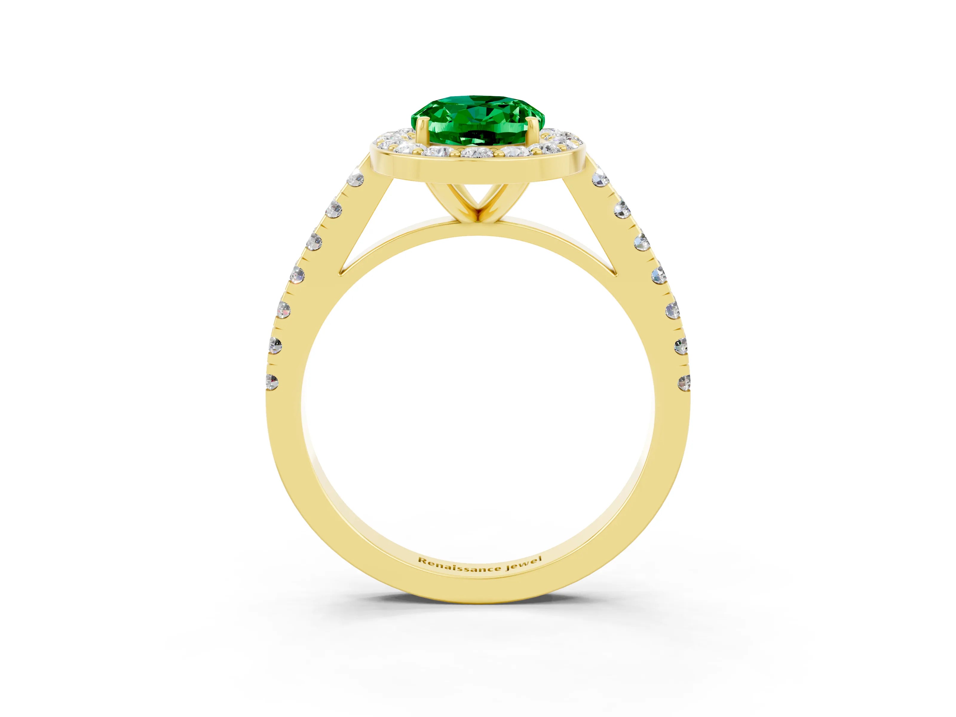 Yellow gold Oval Cut Halo Diamond Ring with Pavé Band and Three-Prong Setting_3