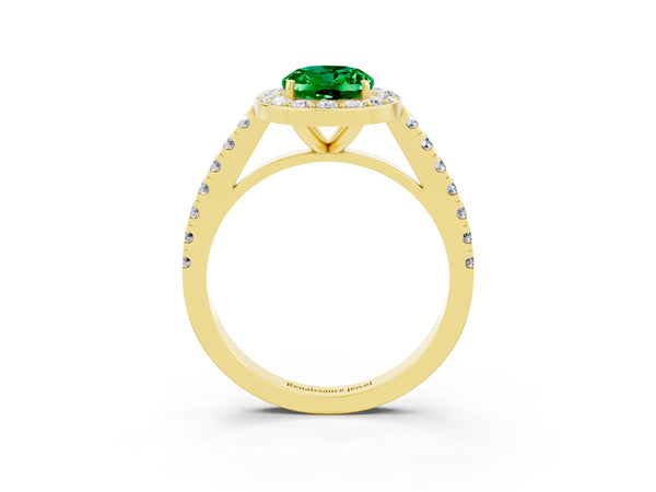 Yellow gold Oval Cut Emerald Halo Ring with Round Pavé Split Shank and Prong Setting