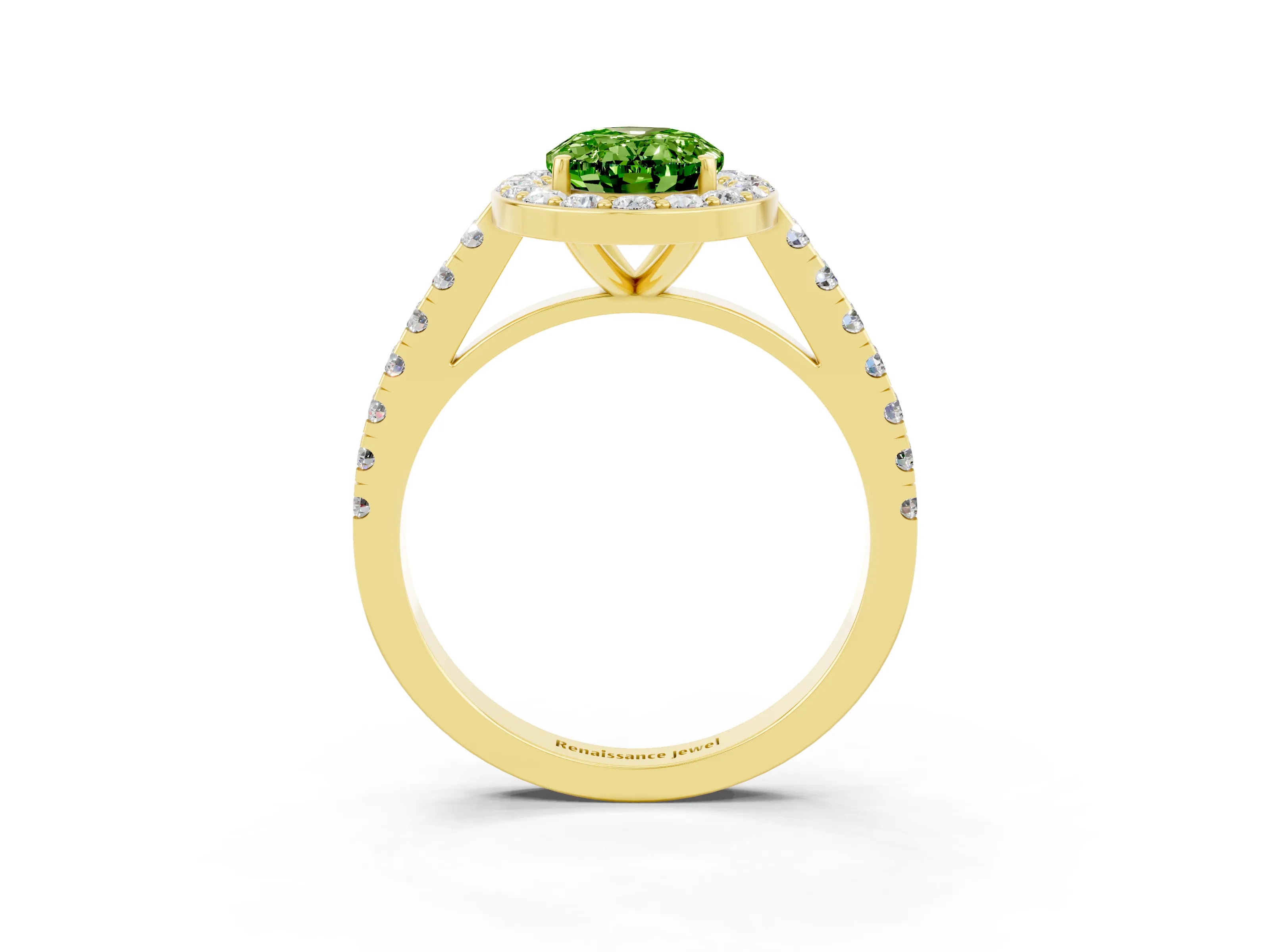 Yellow gold Oval Cut Halo Diamond Ring with Pavé Band and Three-Prong Setting_3