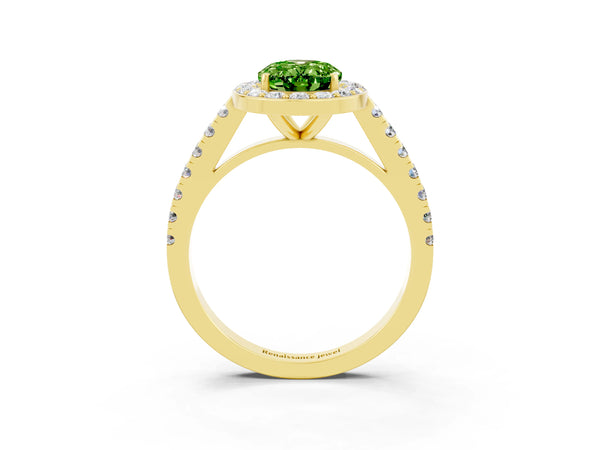 Yellow gold Oval Cut Halo Diamond Ring with Pavé Band and Three-Prong Setting