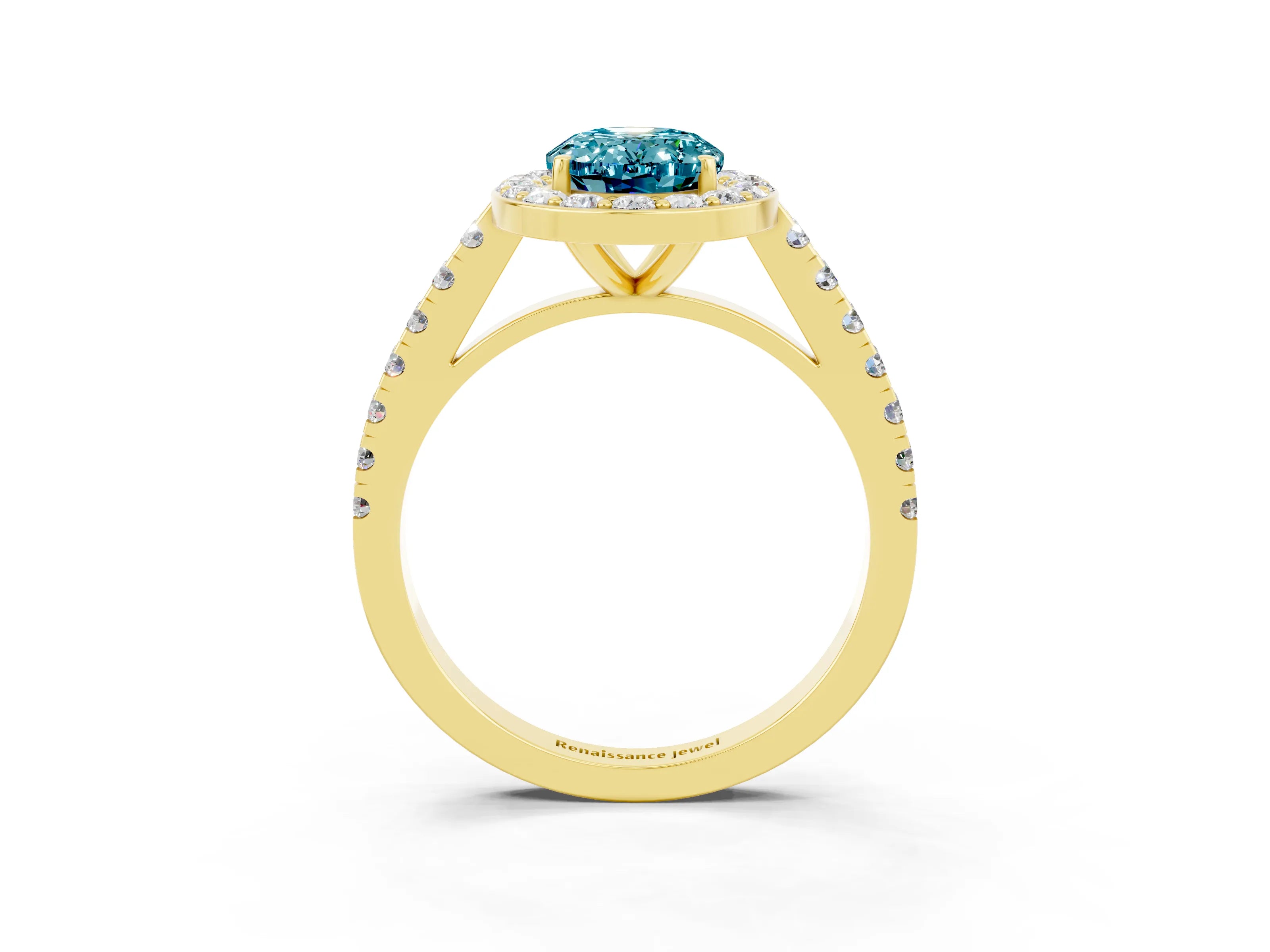 Yellow gold Oval Cut Halo Diamond Ring with Pavé Band and Three-Prong Setting_3
