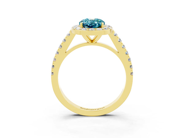 Yellow gold Oval Cut Halo Diamond Ring with Pavé Band and Three-Prong Setting