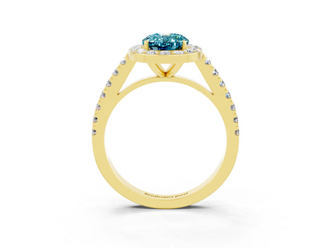 Yellow gold Oval Cut Halo Diamond Ring with Pavé Band and Three-Prong Setting_3