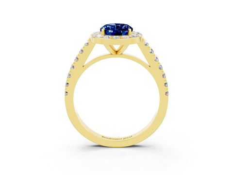 Yellow gold Oval Cut Halo Diamond Ring with Pavé Band and Three-Prong Setting_3