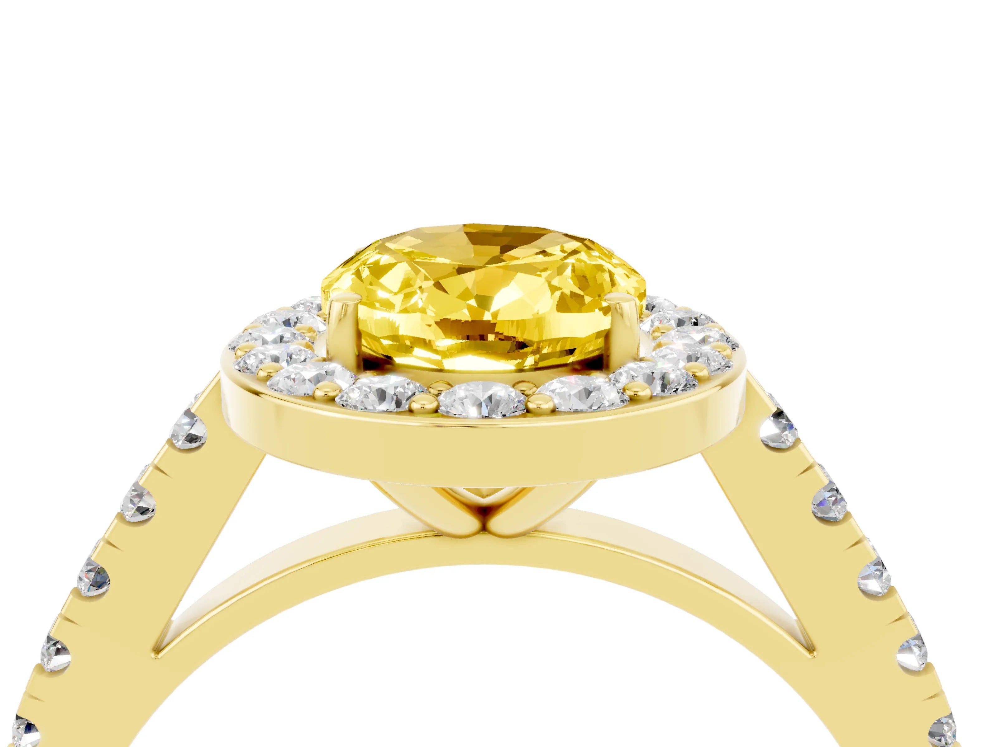 Yellow gold Oval Cut Halo Diamond Ring with Pavé Band and Three-Prong Setting_4