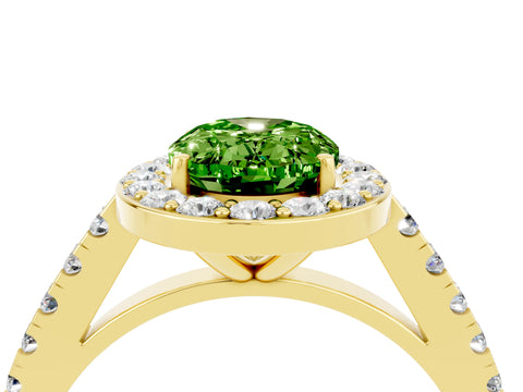 Yellow gold Oval Cut Halo Diamond Ring with Pavé Band and Three-Prong Setting_4