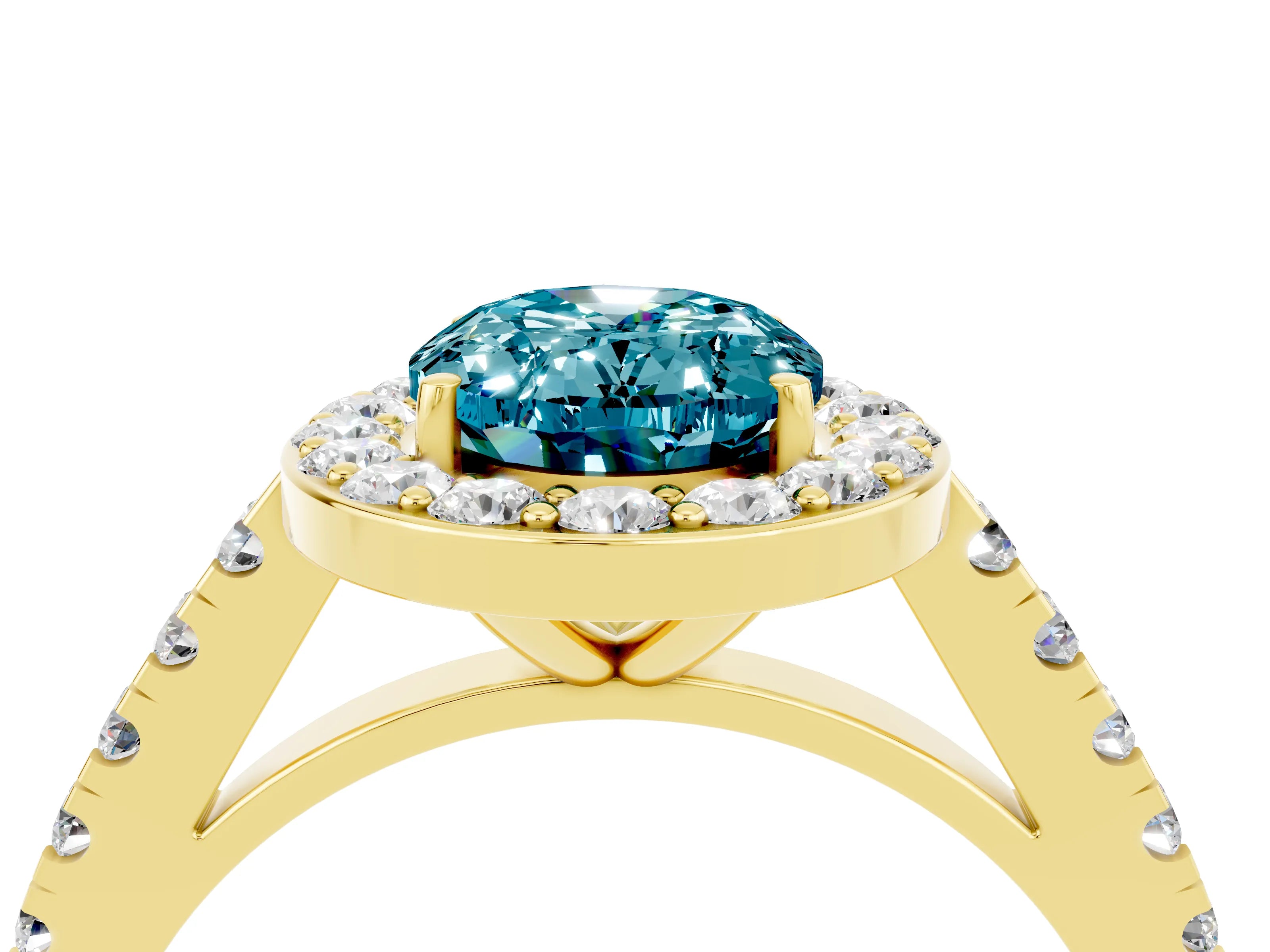 Yellow gold Oval Cut Halo Diamond Ring with Pavé Band and Three-Prong Setting_4