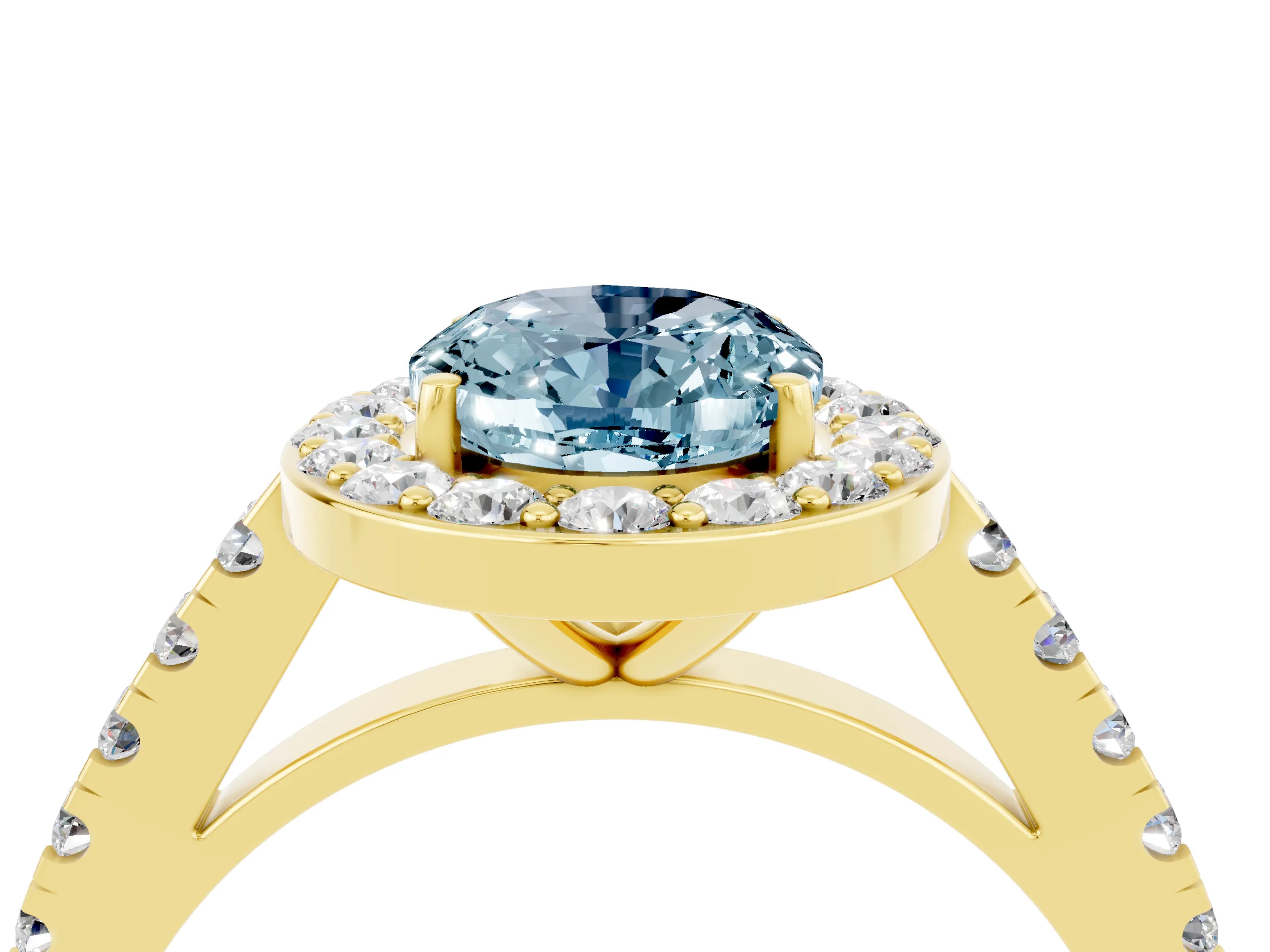 Yellow gold Oval Cut Halo Diamond Ring with Pavé Band and Three-Prong Setting_4