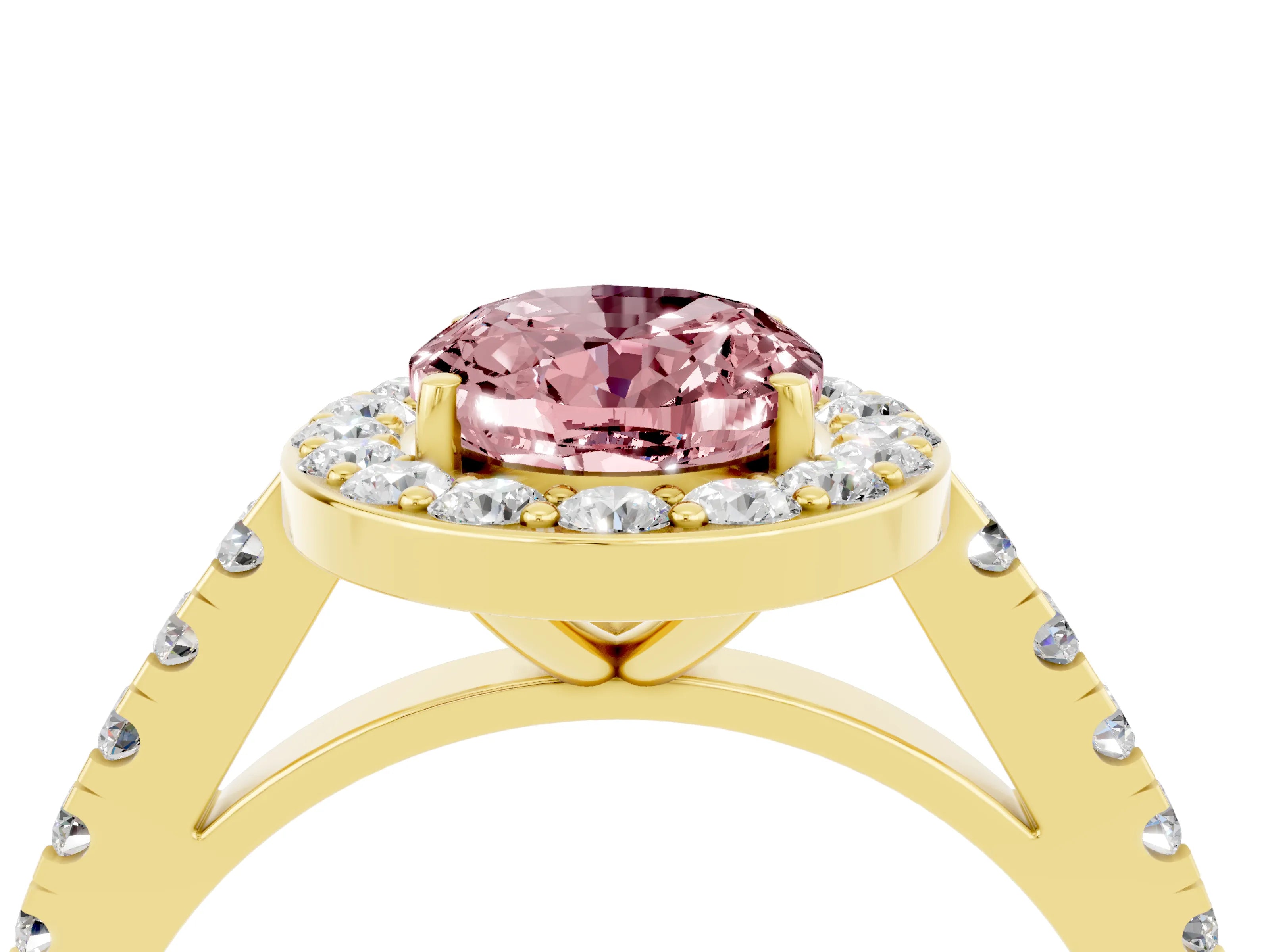 Yellow gold Oval Cut Halo Diamond Ring with Pavé Band and Three-Prong Setting_4