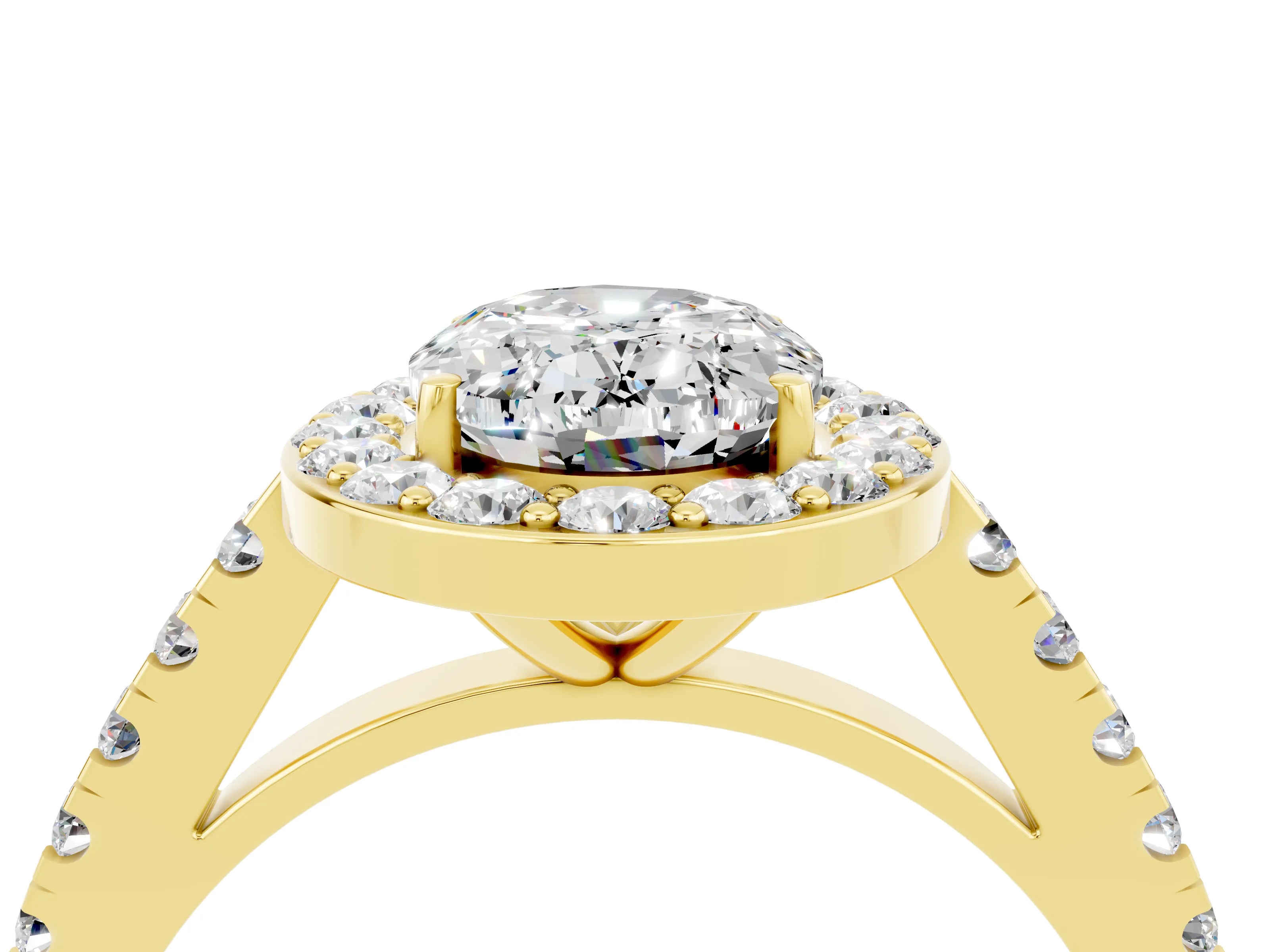 Yellow gold Oval Cut Halo Diamond Ring with Pavé Band and Three-Prong Setting_4