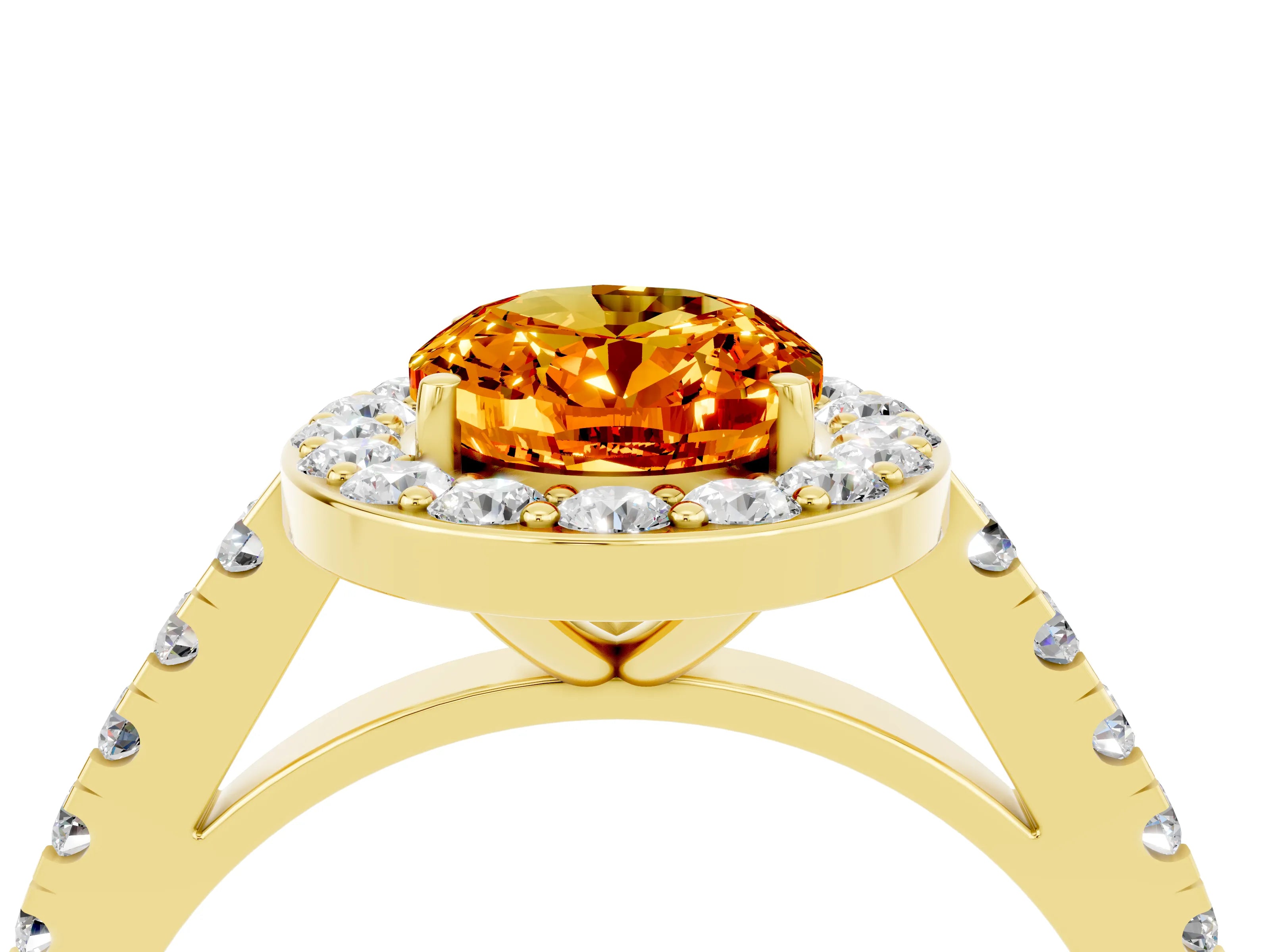 Yellow gold Oval Cut Halo Diamond Ring with Pavé Band and Three-Prong Setting_4
