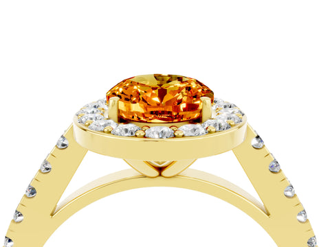 Yellow gold Oval Cut Halo Diamond Ring with Pavé Band and Three-Prong Setting_4