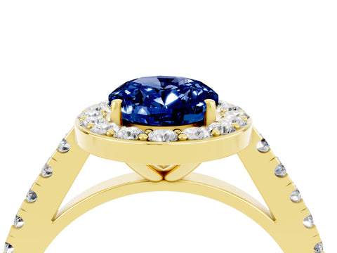 Yellow gold Oval Cut Halo Diamond Ring with Pavé Band and Three-Prong Setting_4