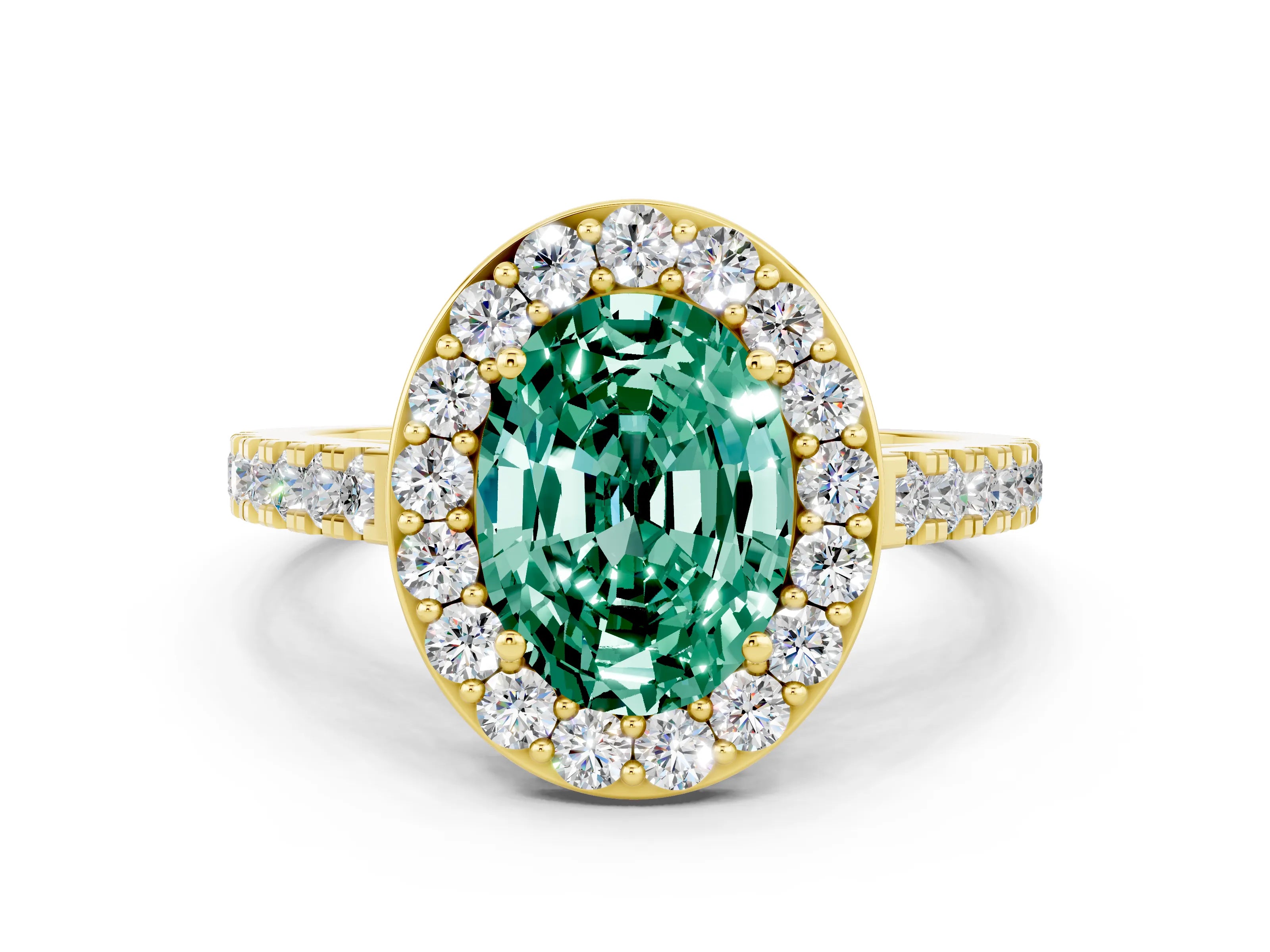 Yellow gold Oval Cut Halo Diamond Ring with Pavé Band and Three-Prong Setting
