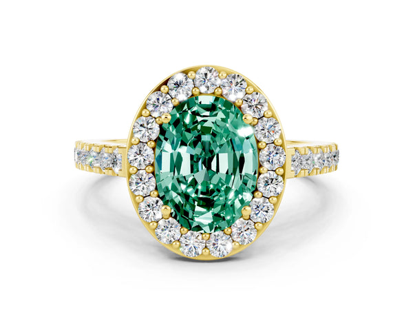Yellow gold Oval Cut Green Sapphire Halo Ring with Round Pavé Split Shank and Prong Setting