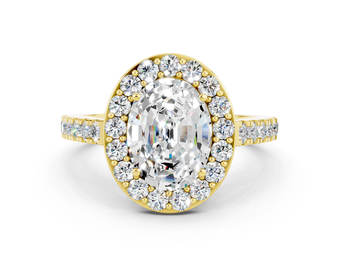 Yellow gold Oval Cut Halo Diamond Ring with Pavé Band and Three-Prong Setting