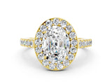 Yellow gold Oval Cut Halo Diamond Ring with Pavé Band and Three-Prong Setting
