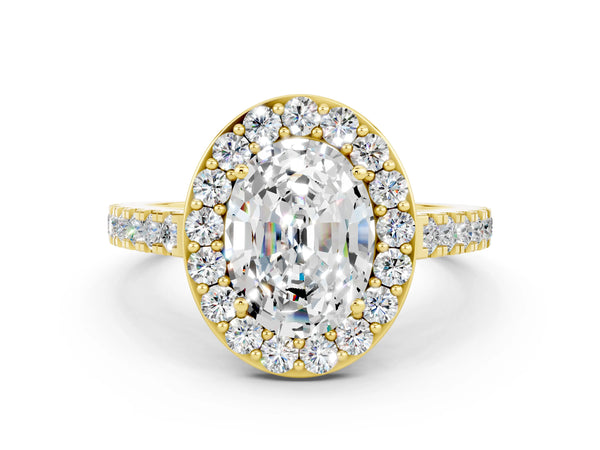 Yellow gold Oval Cut Moissanite Halo Ring with Round Pavé Split Shank and Prong Setting
