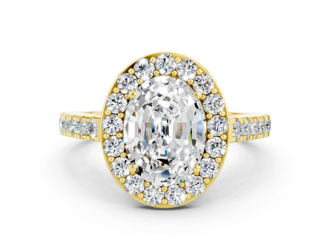 Yellow gold Oval Cut Halo Diamond Ring with Pavé Band and Three-Prong Setting