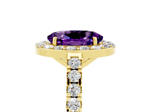 Yellow gold Oval Cut Halo Diamond Ring with Pavé Band and Three-Prong Setting_5