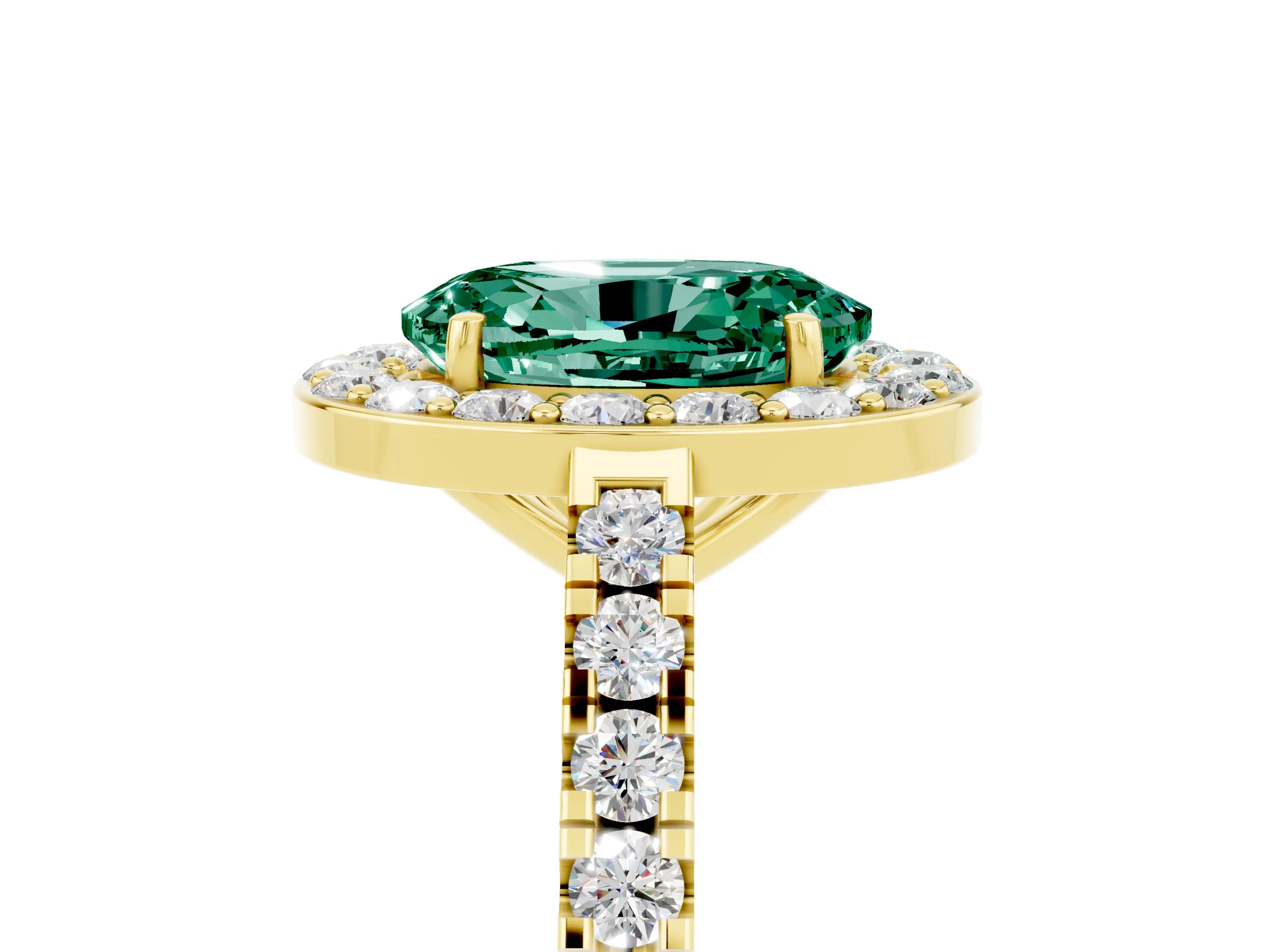 Yellow gold Oval Cut Halo Diamond Ring with Pavé Band and Three-Prong Setting_5