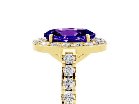 Yellow gold Oval Cut Halo Diamond Ring with Pavé Band and Three-Prong Setting_5