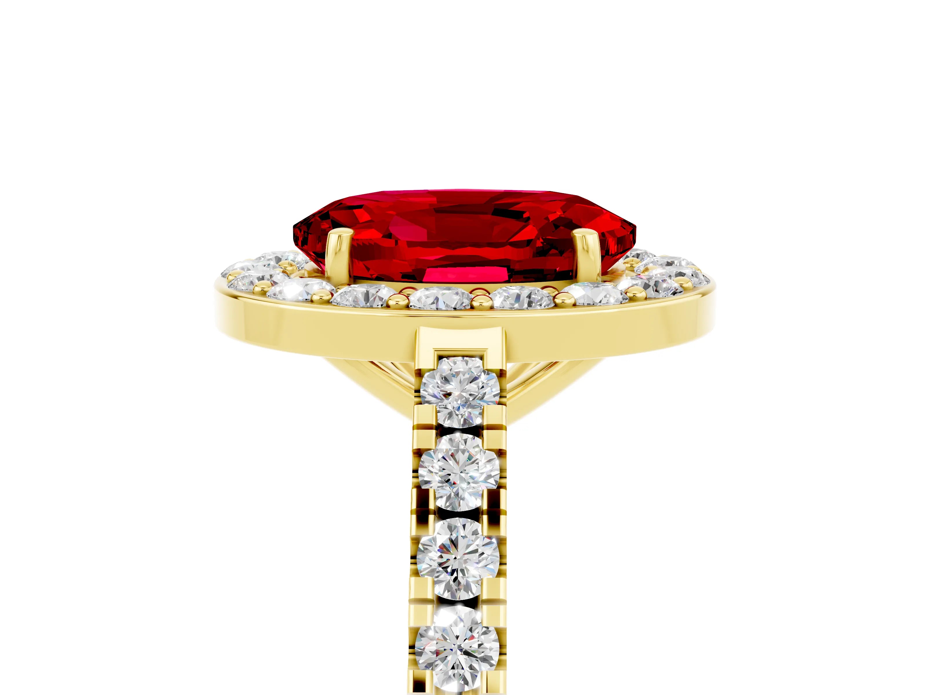 Yellow gold Oval Cut Halo Diamond Ring with Pavé Band and Three-Prong Setting_5