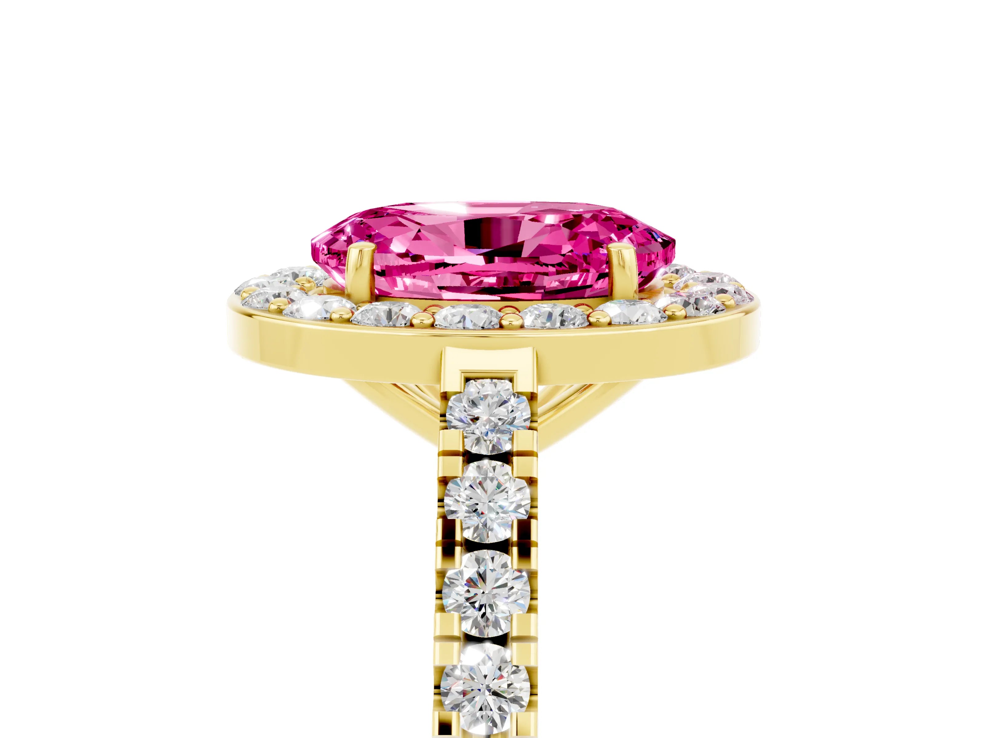 Yellow gold Oval Cut Halo Diamond Ring with Pavé Band and Three-Prong Setting_5