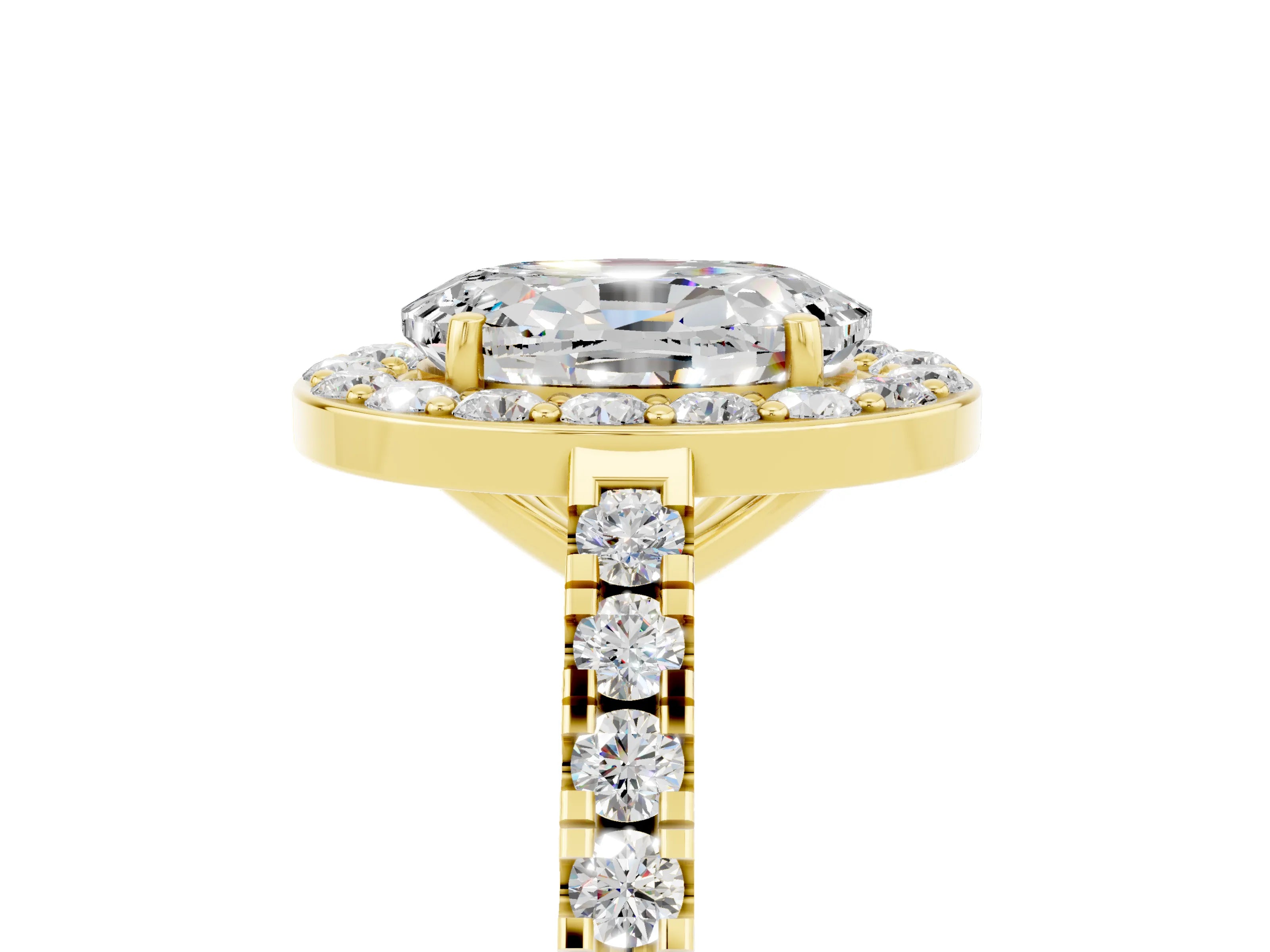 Yellow gold Oval Cut Halo Diamond Ring with Pavé Band and Three-Prong Setting_5
