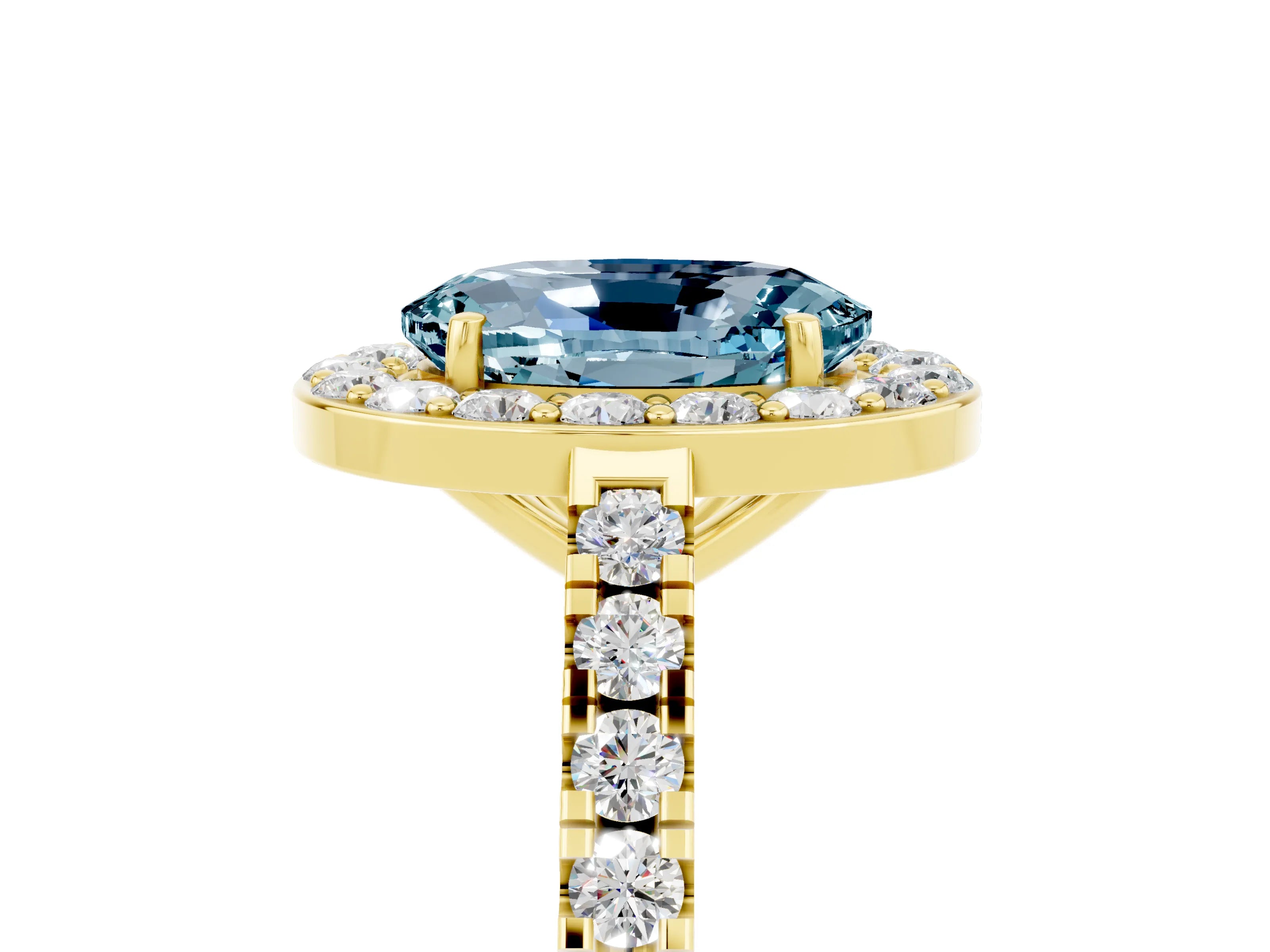 Yellow gold Oval Cut Halo Diamond Ring with Pavé Band and Three-Prong Setting_5