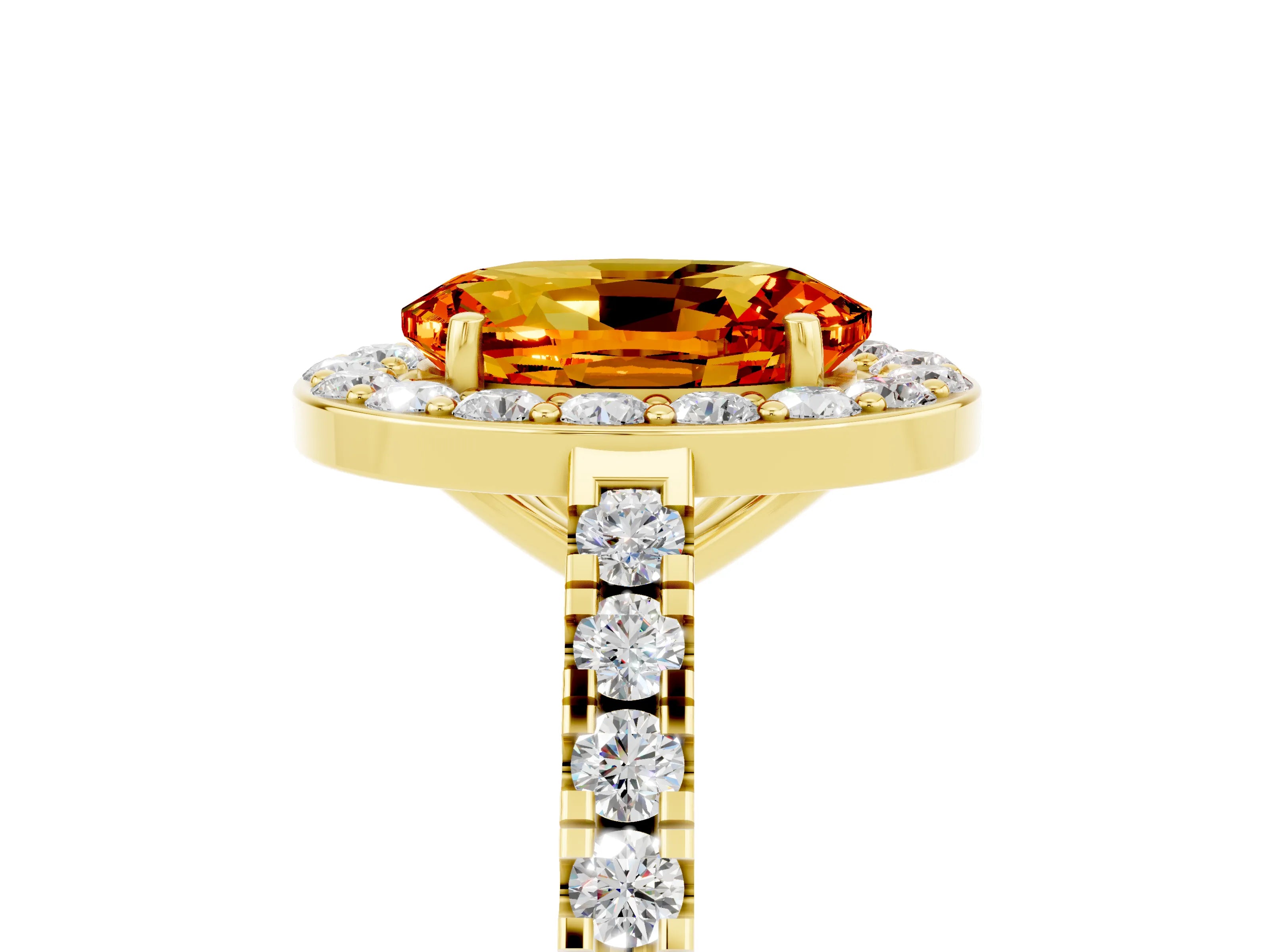 Yellow gold Oval Cut Halo Diamond Ring with Pavé Band and Three-Prong Setting_5