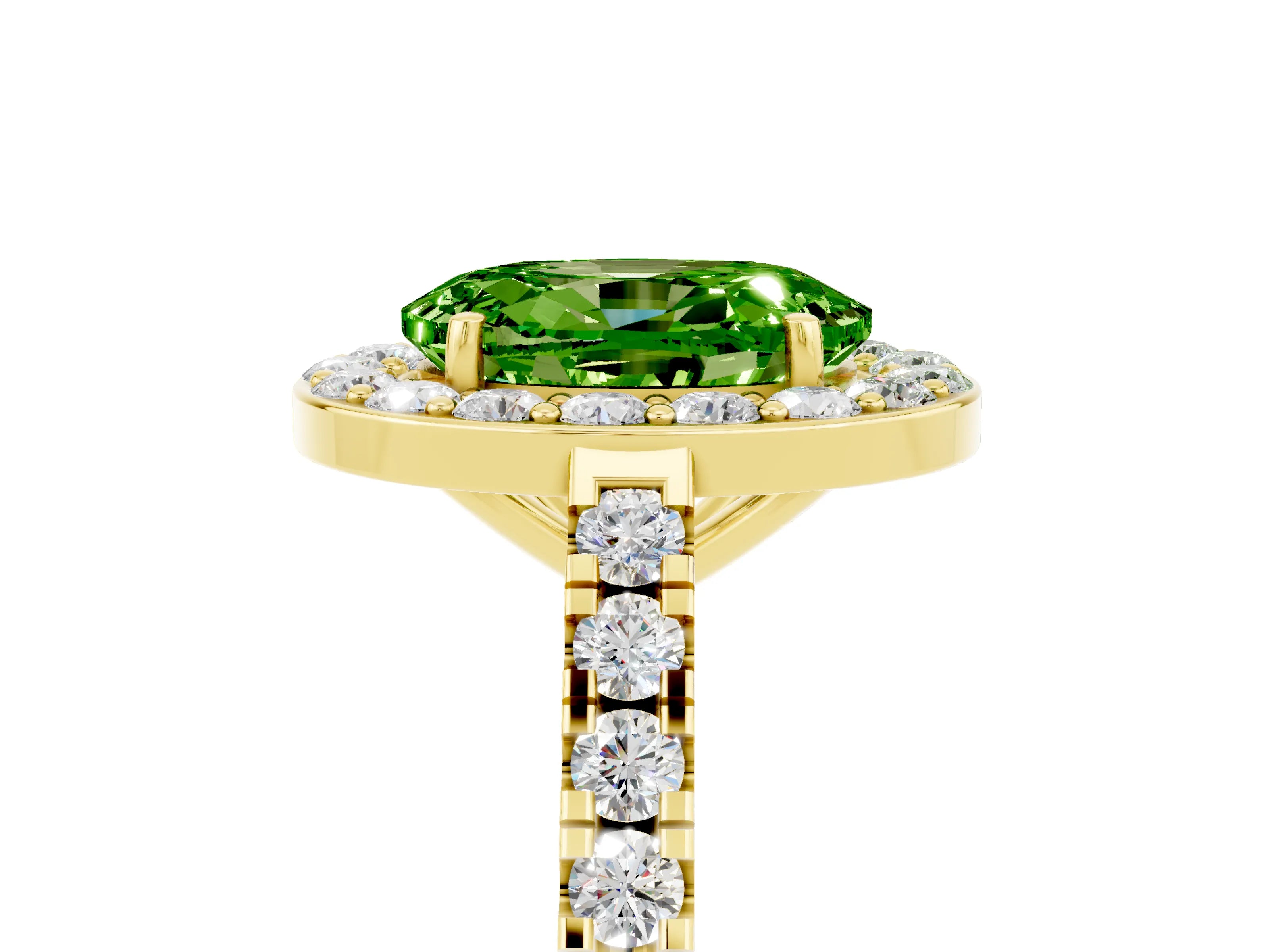 Yellow gold Oval Cut Halo Diamond Ring with Pavé Band and Three-Prong Setting_5