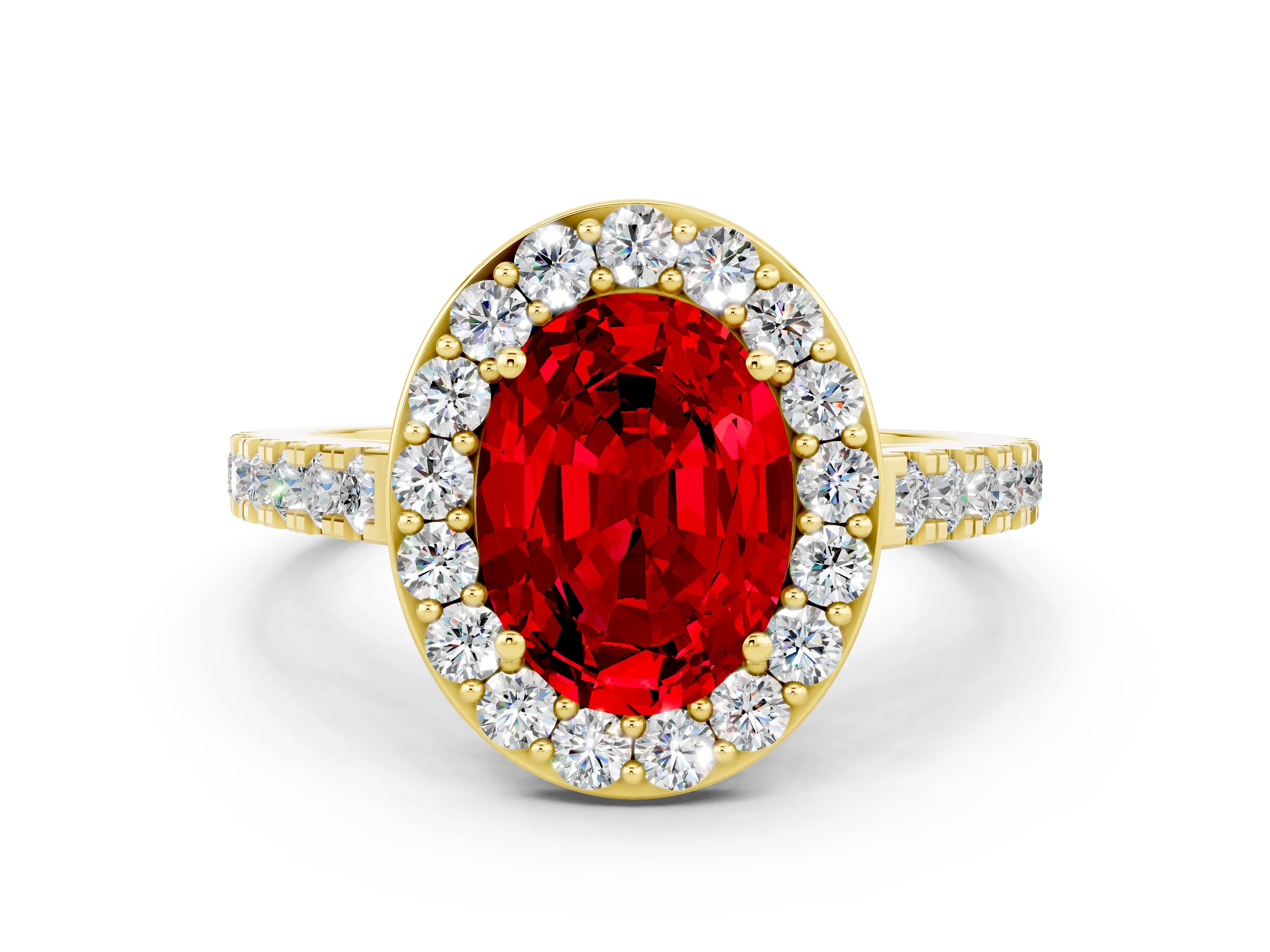 Yellow gold Oval Cut Halo Diamond Ring with Pavé Band and Three-Prong Setting
