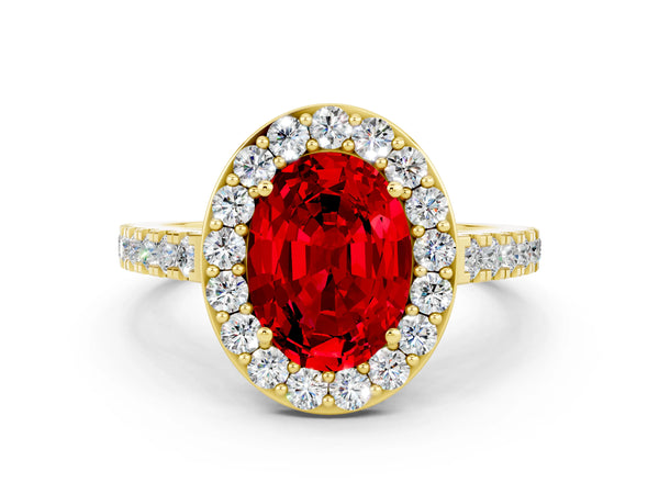 Yellow gold Oval Cut Ruby Halo Ring with Round Pavé Split Shank and Prong Setting