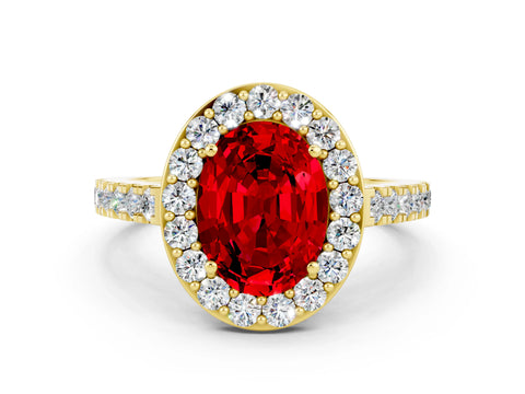 Yellow gold Oval Cut Halo Diamond Ring with Pavé Band and Three-Prong Setting